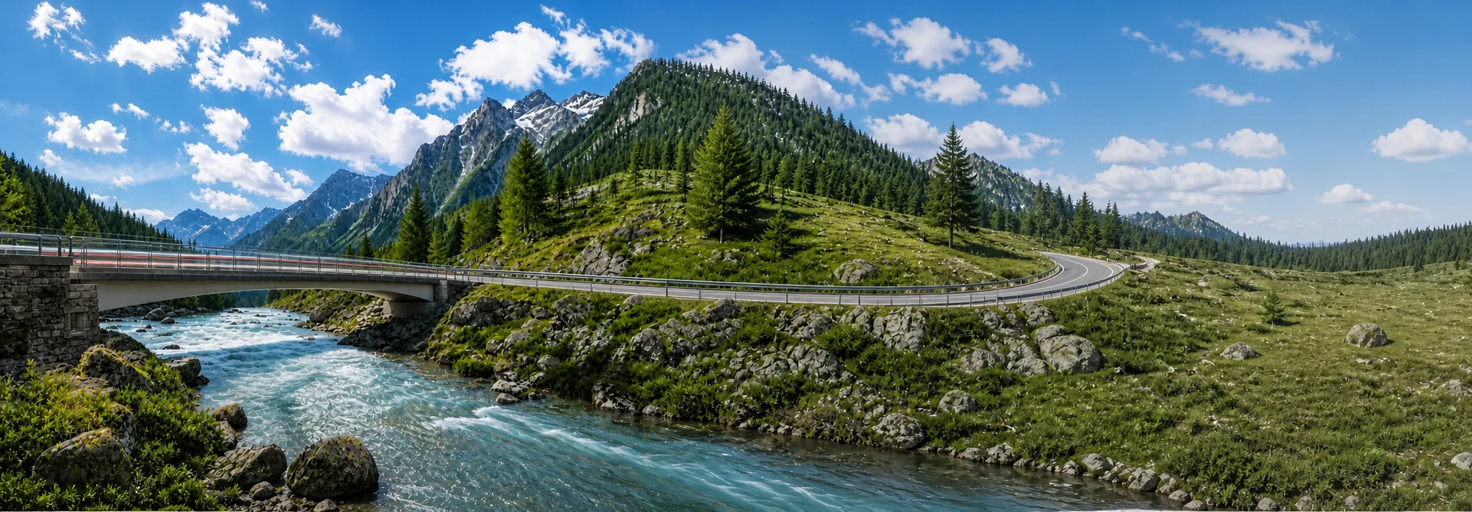 Traffic light trails cross a bridge connected to a winding road in a bright alpine valley