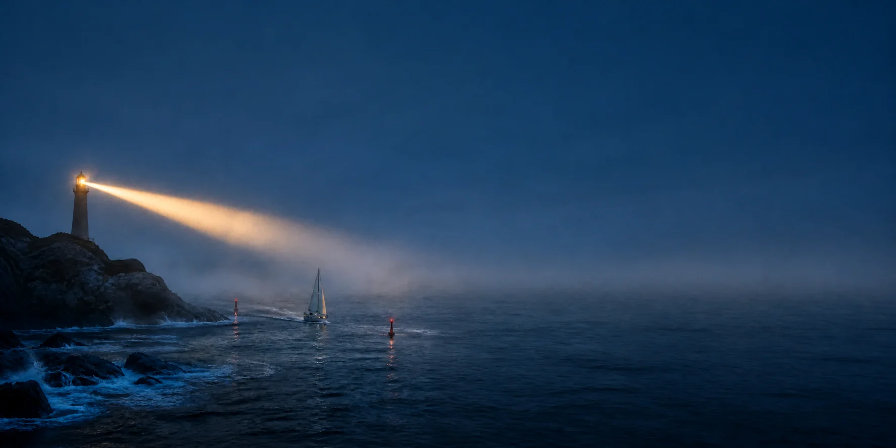 A lighthouse and channel markers guide a sailboat through sea mist