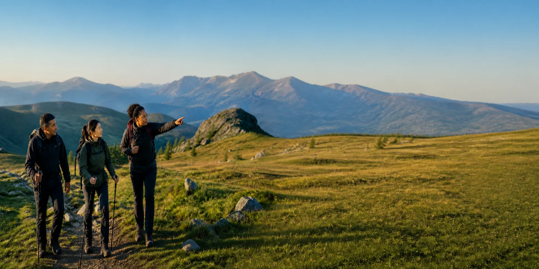 A Black woman points the way for a diverse alpine hiking team